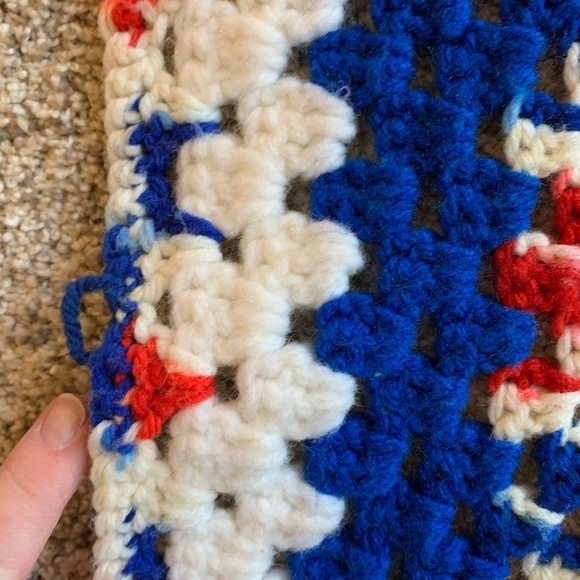 Vintage Afghan Crocheted Blanket Handmade Red Blue Throw 48" x 48" Patriotic USA - Picture 4 of 6